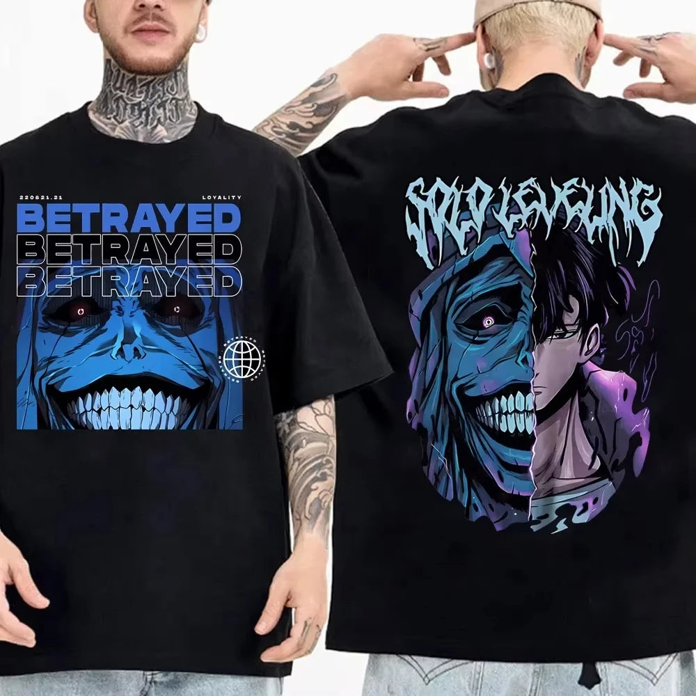 Solo Leveling anime Men's 100%clothing T-shirt Cotton retro Japanese O-neck short-sleeved Hipster Fashionable Oversized Y2K shir