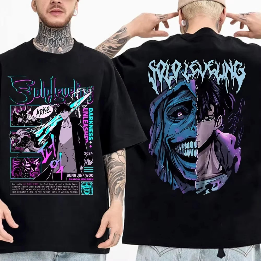Solo Leveling anime Men's 100%clothing T-shirt Cotton retro Japanese O-neck short-sleeved Hipster Fashionable Oversized Y2K shir
