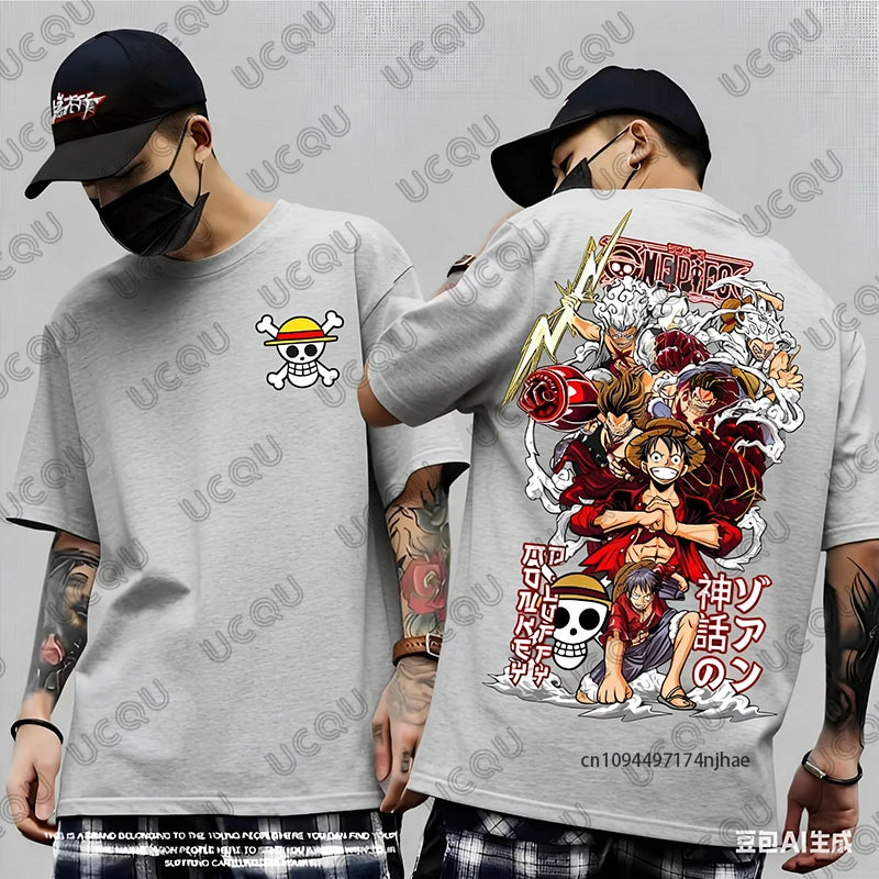 2026 Hot Sale One Piece Anime Luffy Gear 5 Cartoon Graphic Men's Cotton T-shirt Summer Sports Tees Casual Oversized Unisex Tops