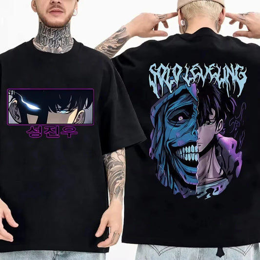 Solo Leveling anime Men's 100%clothing T-shirt Cotton retro Japanese O-neck short-sleeved Hipster Fashionable Oversized Y2K shir