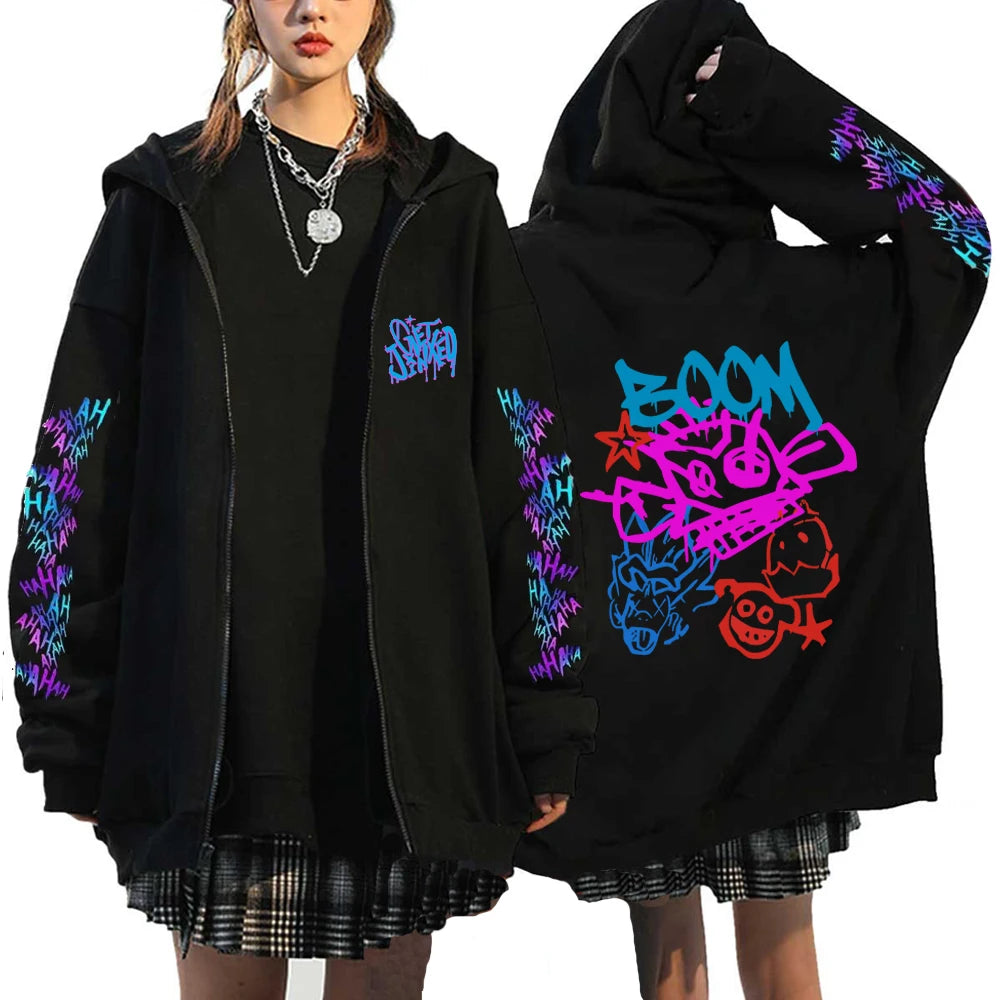 Arcane Jinx Hoodies Monkey Graffiti Zipper Jacket Harajuku Anime Arcane Boom Oversized Unisex Hip Hop Sweatshirt Casual Y2K Tops