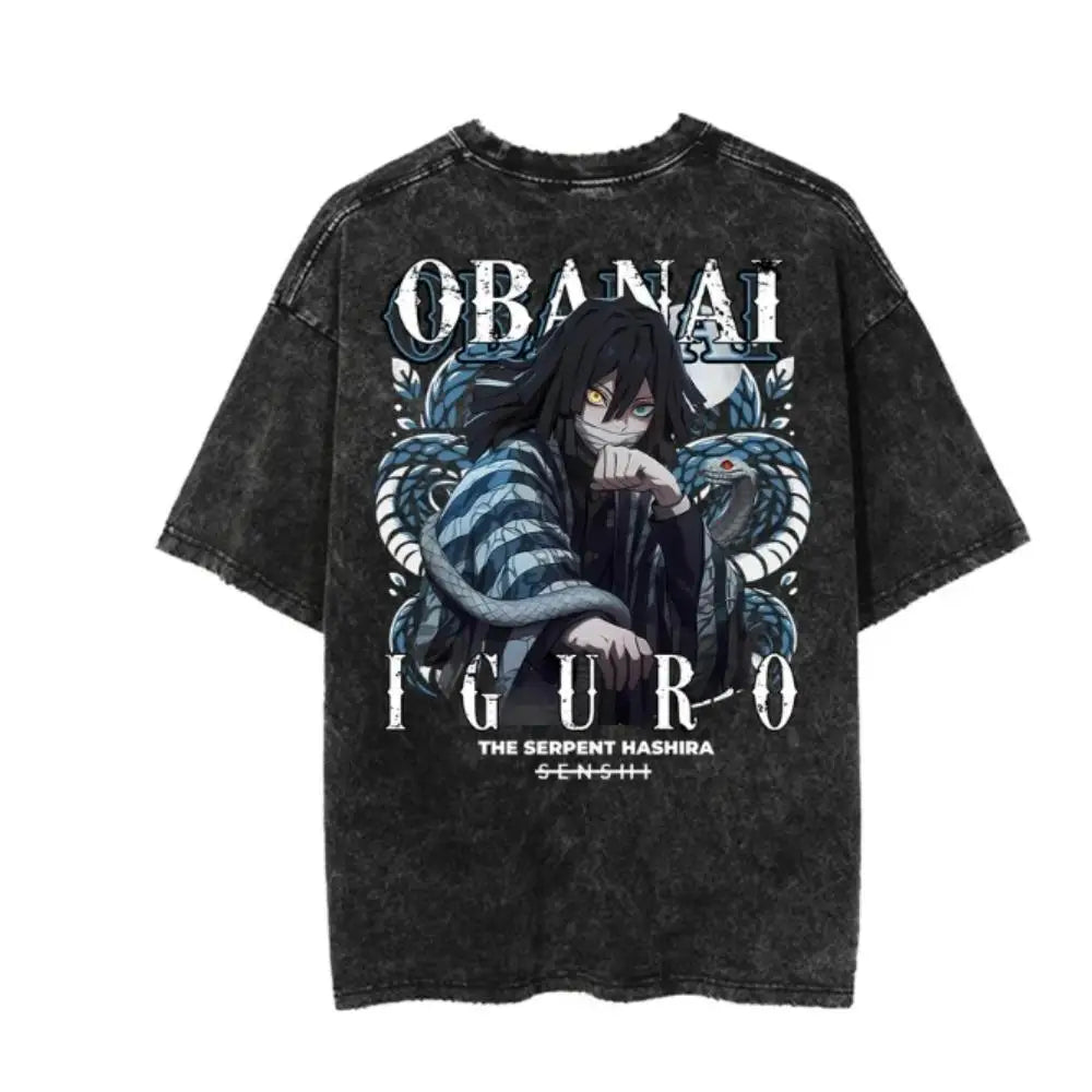 Anime Demon Slayer T Shirt Iguro Obanai Tshirt Men Women Clothes Vintage Washed Streetwear Short Sleeve Cotton Loose