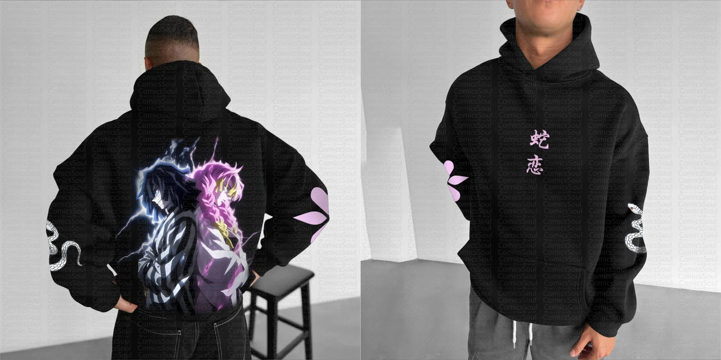 Demon Slayer Kimetsu No Yaiba Hoodie Set Black Zip Up with Iguro Obanai and Kanroji Mitsuri Characters Snake and Heart Print