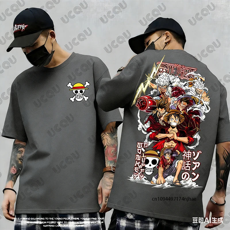 2026 Hot Sale One Piece Anime Luffy Gear 5 Cartoon Graphic Men's Cotton T-shirt Summer Sports Tees Casual Oversized Unisex Tops