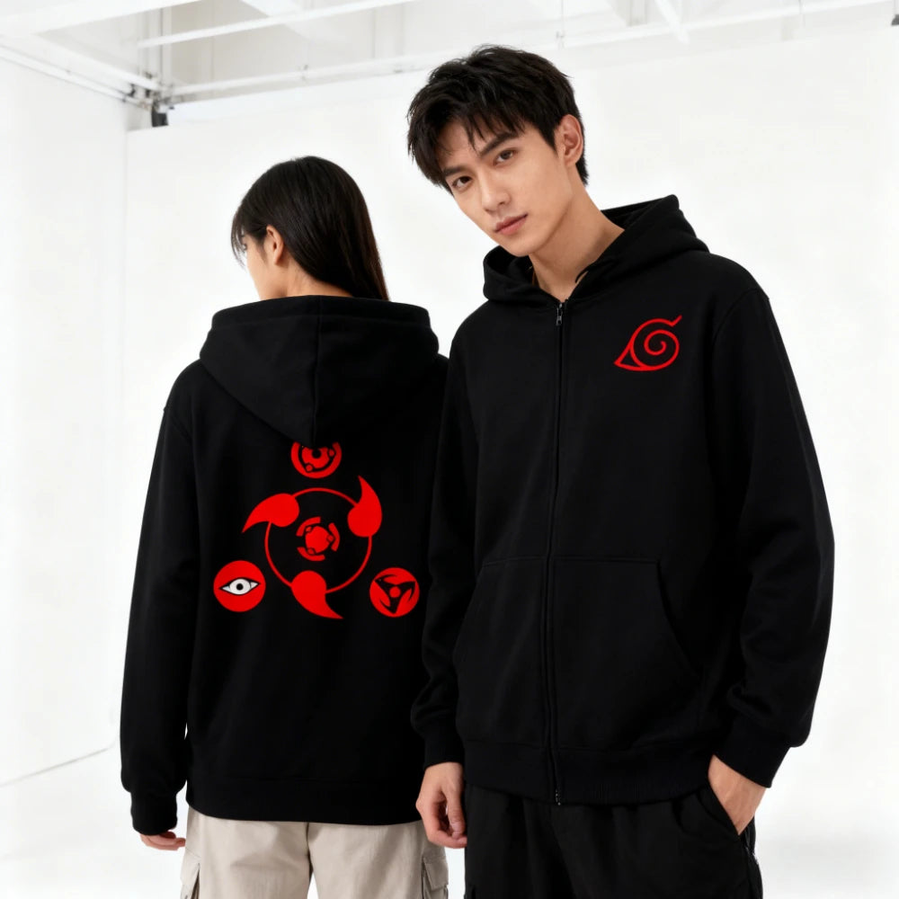 New Naruto Sharingan Printed Zipper Hoodie Men's Casual Sweatshirt Top Open Fleece Jacket Street Wear Comfortable Loose Shirt