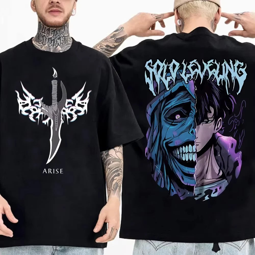 Solo Leveling anime Men's 100%clothing T-shirt Cotton retro Japanese O-neck short-sleeved Hipster Fashionable Oversized Y2K shir