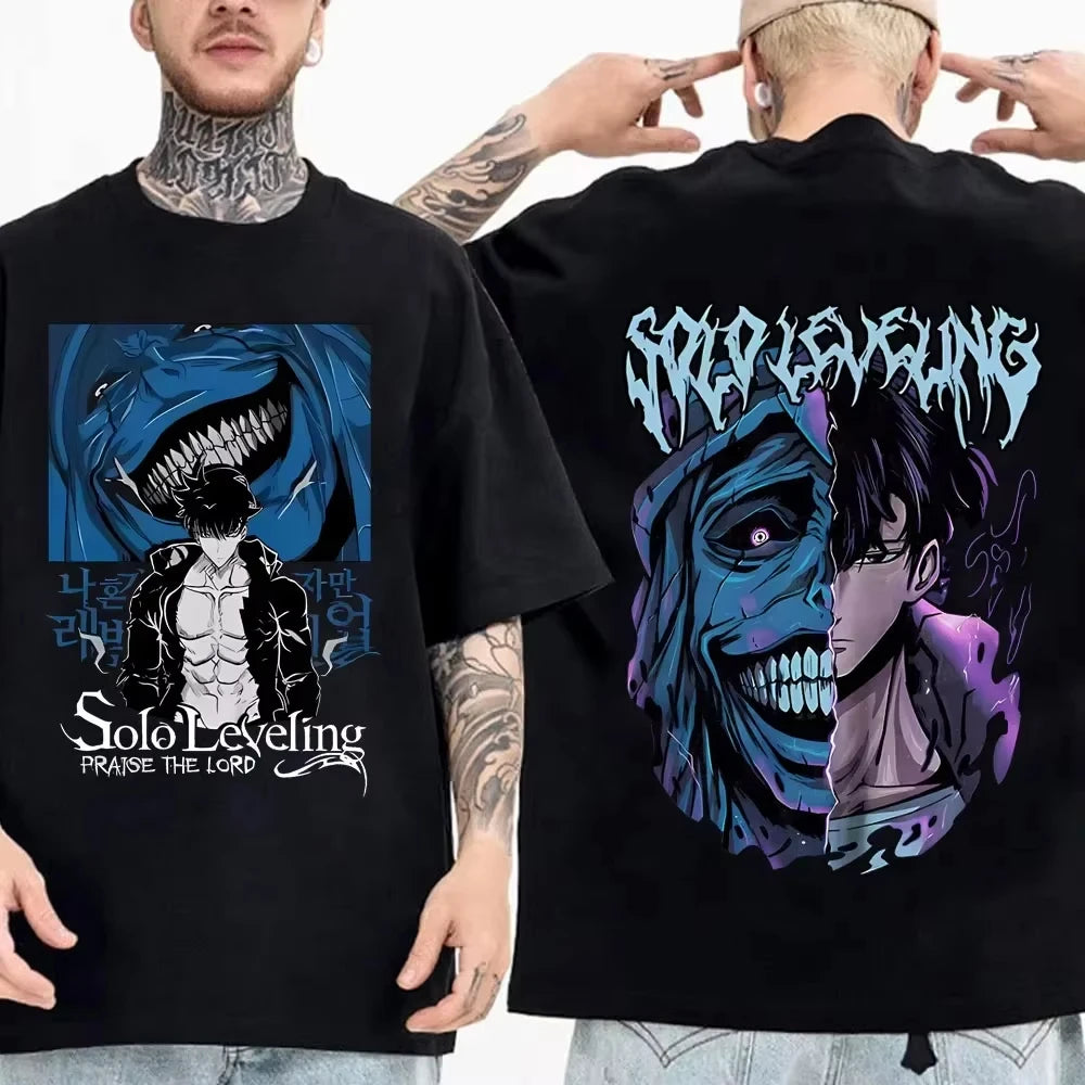 Solo Leveling anime Men's 100%clothing T-shirt Cotton retro Japanese O-neck short-sleeved Hipster Fashionable Oversized Y2K shir