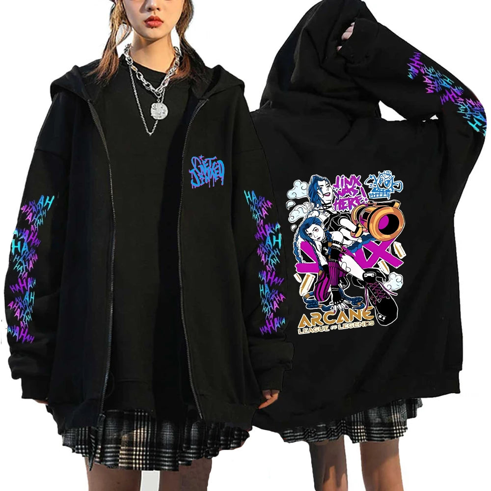 Arcane Jinx Hoodies Monkey Graffiti Zipper Jacket Harajuku Anime Arcane Boom Oversized Unisex Hip Hop Sweatshirt Casual Y2K Tops