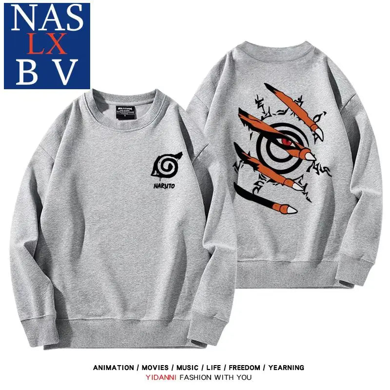 Naruto Naruto Sasuke Konoha Uchiha round neck hoodie for male and female students, loose long sleeved clothes for teenagers