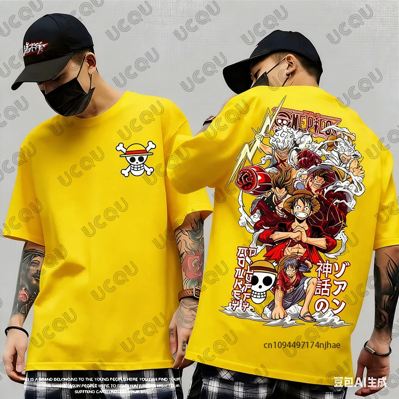 2026 Hot Sale One Piece Anime Luffy Gear 5 Cartoon Graphic Men's Cotton T-shirt Summer Sports Tees Casual Oversized Unisex Tops