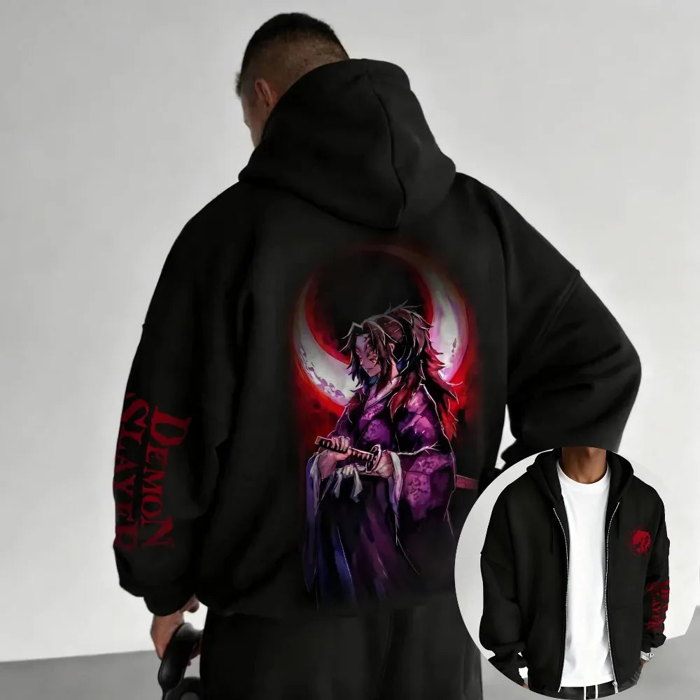 Men's New Demon Slayer Anime Co Branded Zipper Hoodie Men's and Women's Autumn/Winter New Kokushibo Printed Loose Sports Sweater