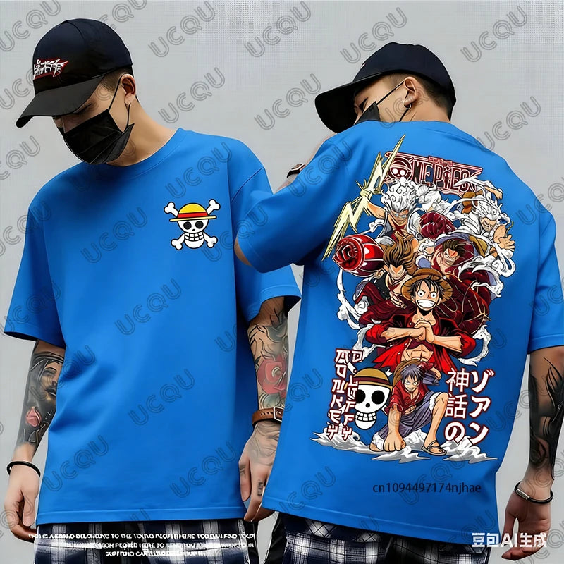 2026 Hot Sale One Piece Anime Luffy Gear 5 Cartoon Graphic Men's Cotton T-shirt Summer Sports Tees Casual Oversized Unisex Tops