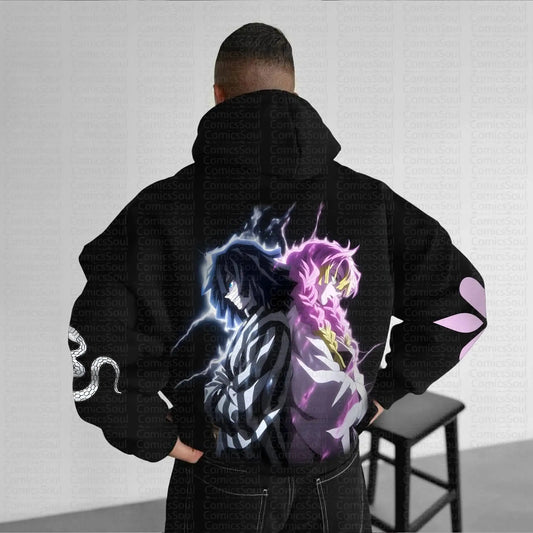 Demon Slayer Kimetsu No Yaiba Hoodie Set Black Zip Up with Iguro Obanai and Kanroji Mitsuri Characters Snake and Heart Print