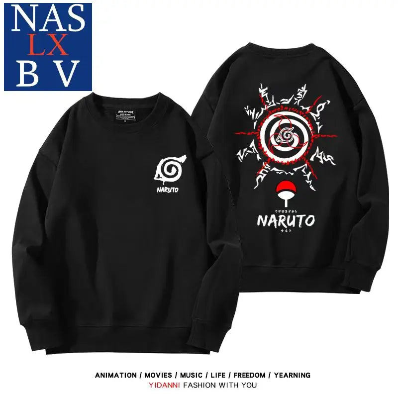 Naruto Naruto Sasuke Konoha Uchiha round neck hoodie for male and female students, loose long sleeved clothes for teenagers