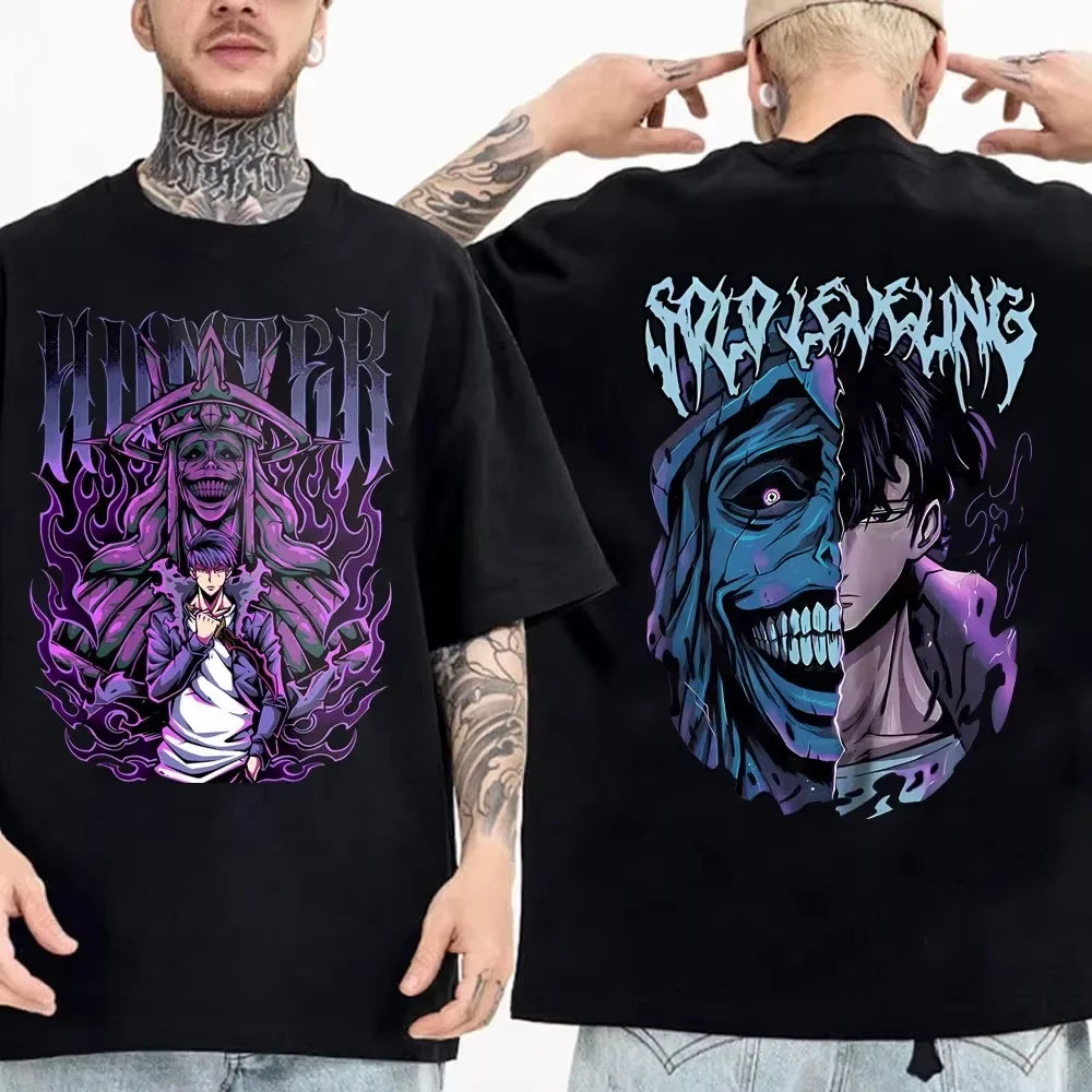 Solo Leveling anime Men's 100%clothing T-shirt Cotton retro Japanese O-neck short-sleeved Hipster Fashionable Oversized Y2K shir