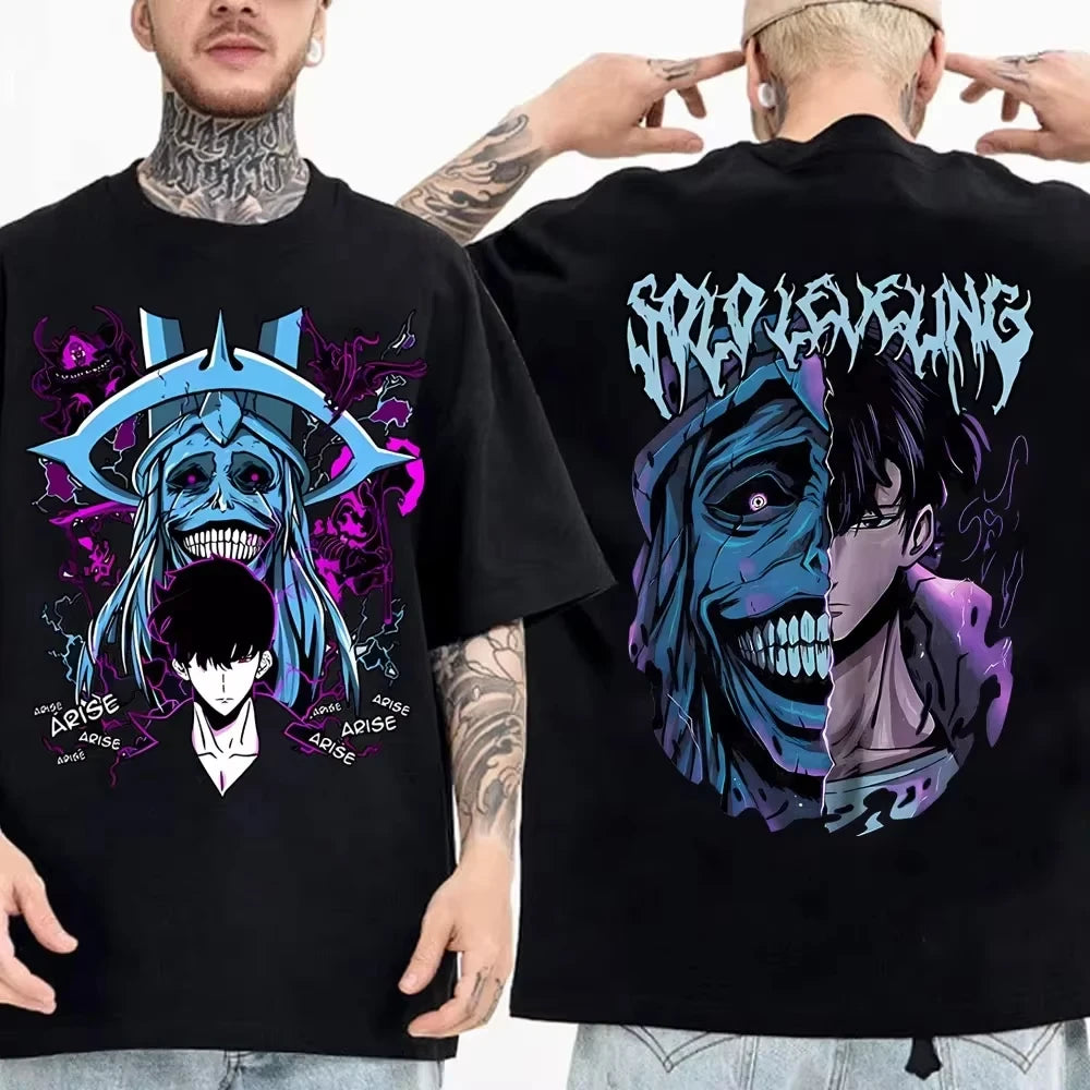Solo Leveling anime Men's 100%clothing T-shirt Cotton retro Japanese O-neck short-sleeved Hipster Fashionable Oversized Y2K shir