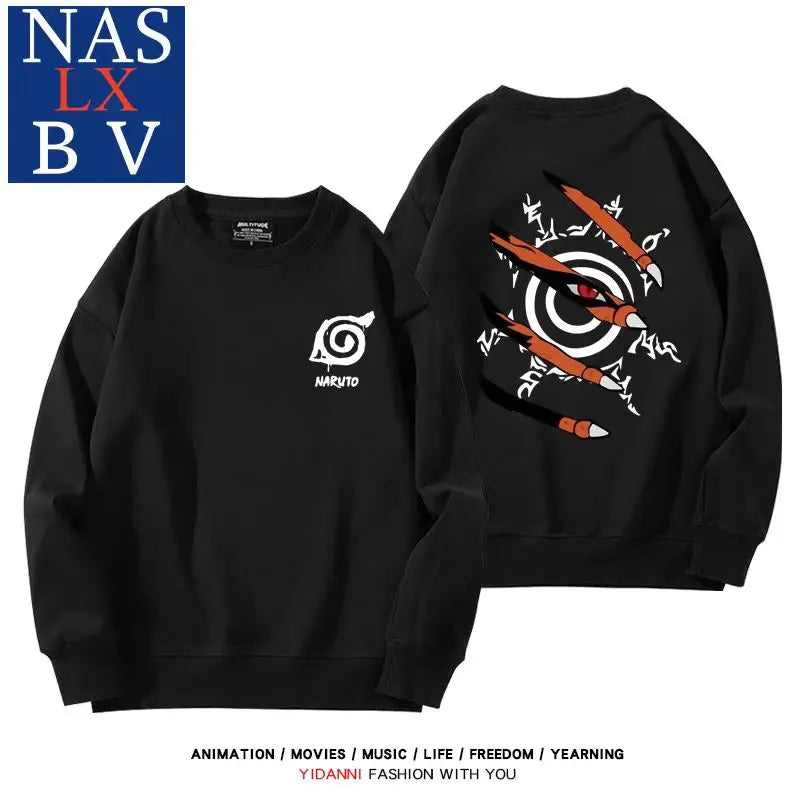 Naruto Naruto Sasuke Konoha Uchiha round neck hoodie for male and female students, loose long sleeved clothes for teenagers