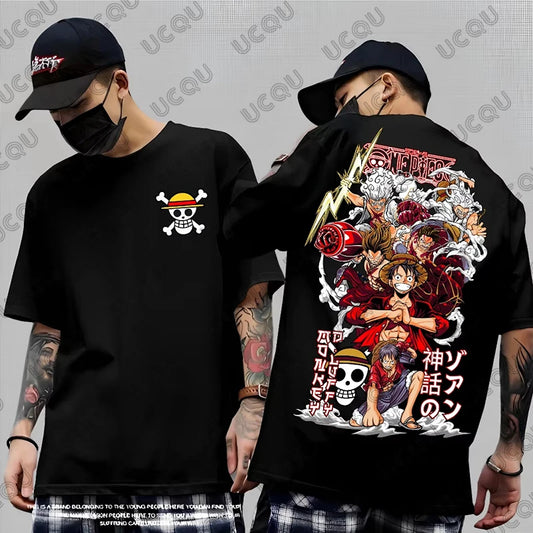 2026 Hot Sale One Piece Anime Luffy Gear 5 Cartoon Graphic Men's Cotton T-shirt Summer Sports Tees Casual Oversized Unisex Tops