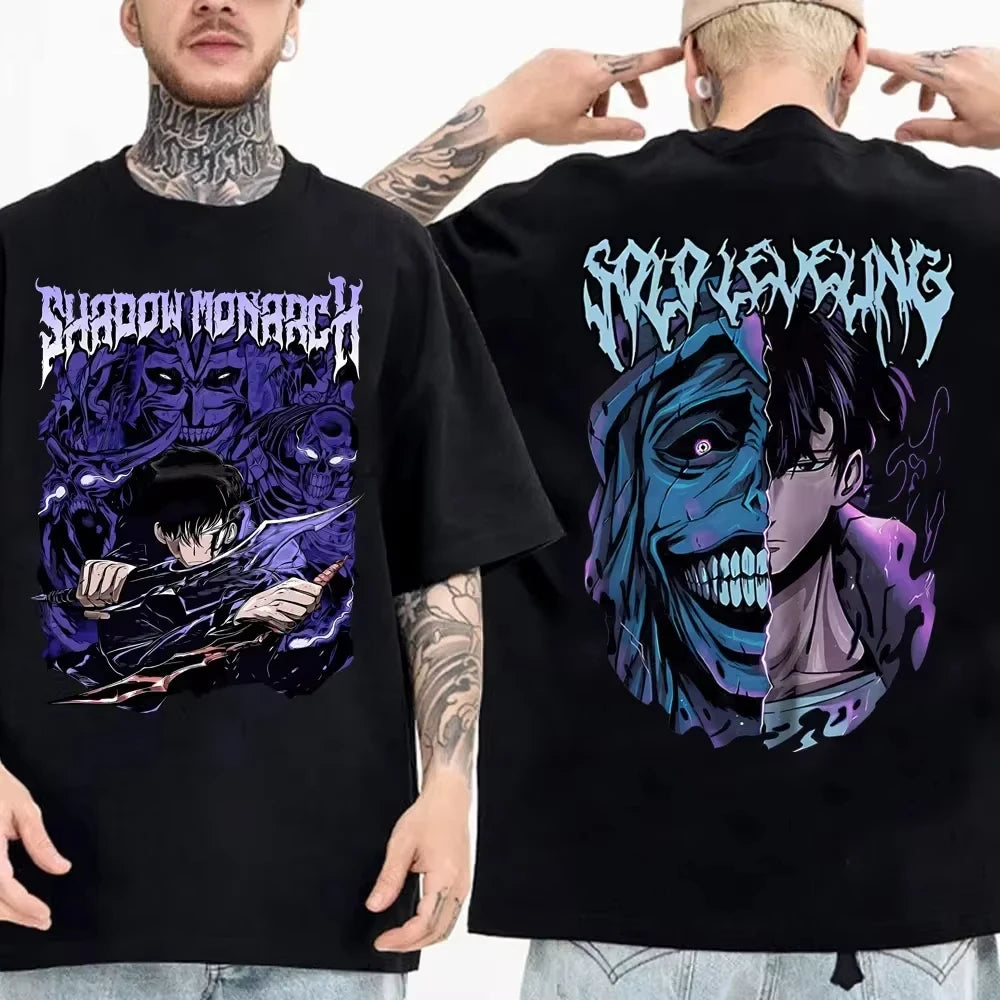 Solo Leveling anime Men's 100%clothing T-shirt Cotton retro Japanese O-neck short-sleeved Hipster Fashionable Oversized Y2K shir