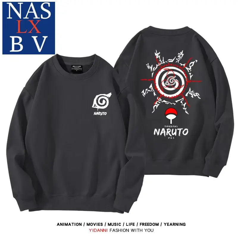 Naruto Naruto Sasuke Konoha Uchiha round neck hoodie for male and female students, loose long sleeved clothes for teenagers