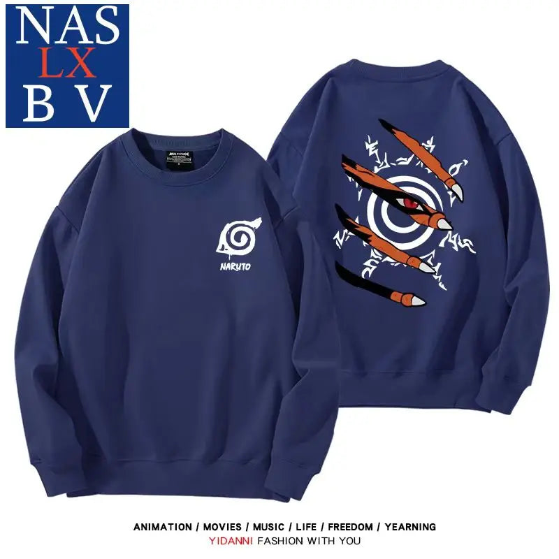 Naruto Naruto Sasuke Konoha Uchiha round neck hoodie for male and female students, loose long sleeved clothes for teenagers