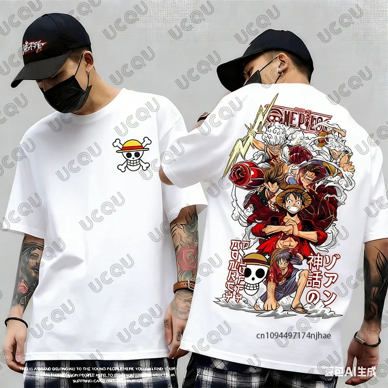 2026 Hot Sale One Piece Anime Luffy Gear 5 Cartoon Graphic Men's Cotton T-shirt Summer Sports Tees Casual Oversized Unisex Tops