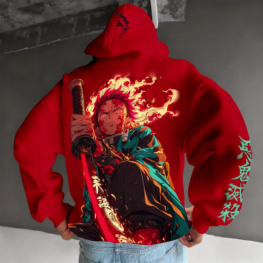 Demon Slayer Anime Red Hoodie 2025 Men's Autumn/Winter New Kamado Tanjirou Printed Casual Loose Parent Child Sweater Top
