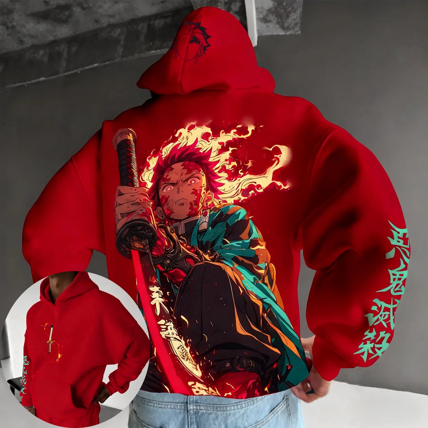 Demon Slayer Anime Red Hoodie 2025 Men's Autumn/Winter New Kamado Tanjirou Printed Casual Loose Parent Child Sweater Top
