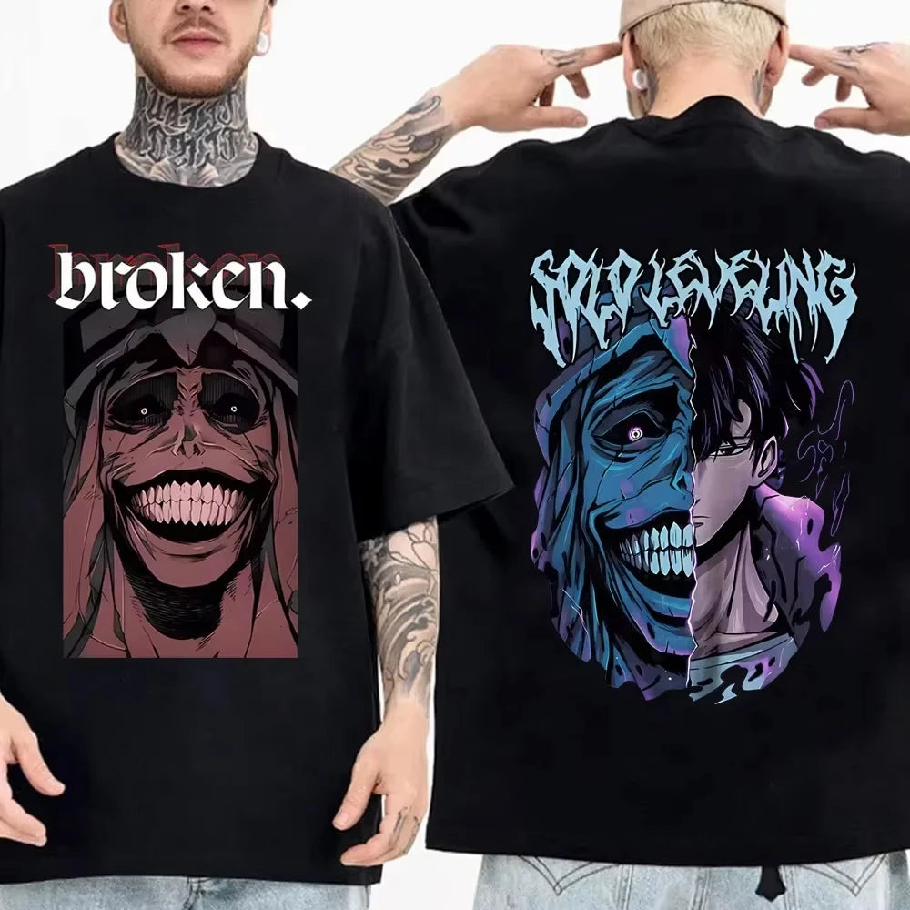 Solo Leveling anime Men's 100%clothing T-shirt Cotton retro Japanese O-neck short-sleeved Hipster Fashionable Oversized Y2K shir