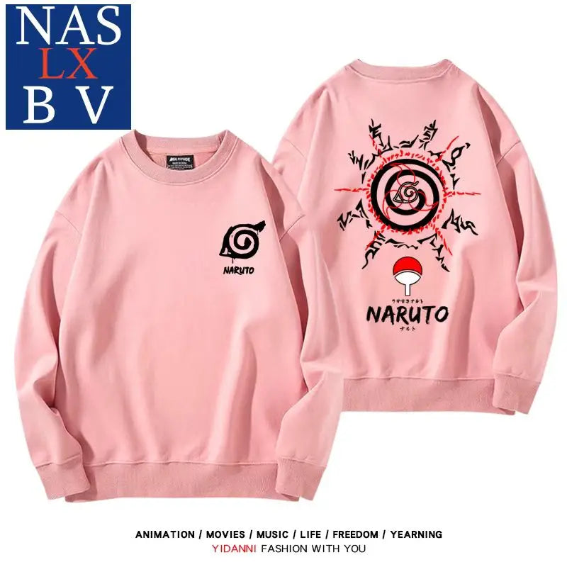 Naruto Naruto Sasuke Konoha Uchiha round neck hoodie for male and female students, loose long sleeved clothes for teenagers