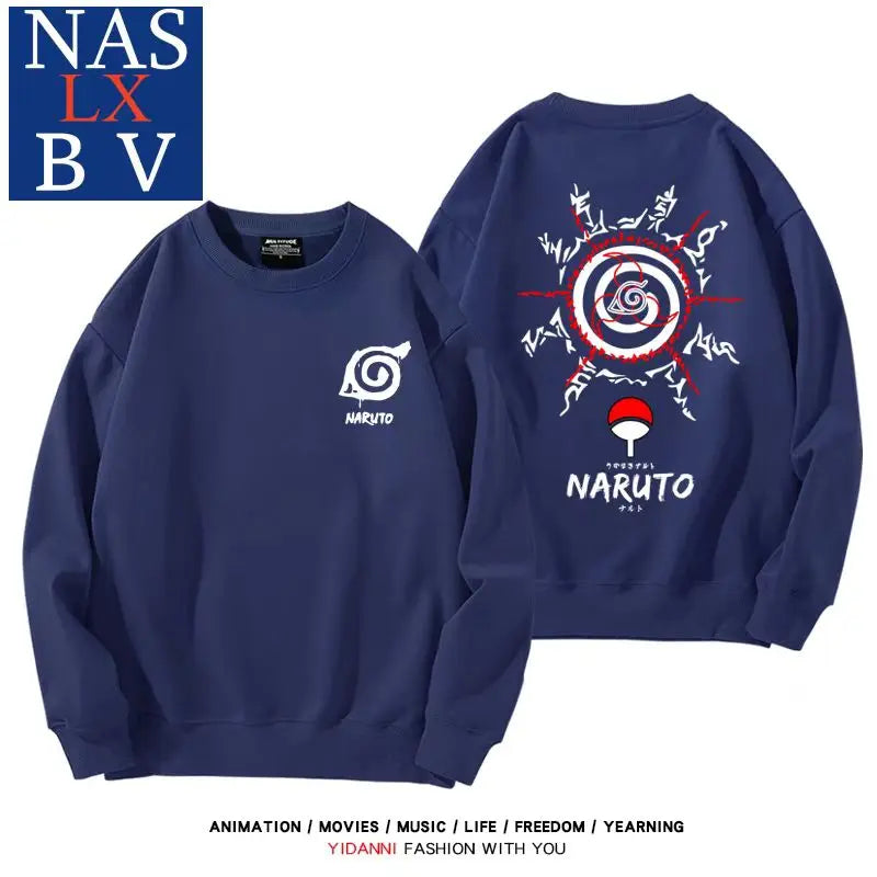 Naruto Naruto Sasuke Konoha Uchiha round neck hoodie for male and female students, loose long sleeved clothes for teenagers