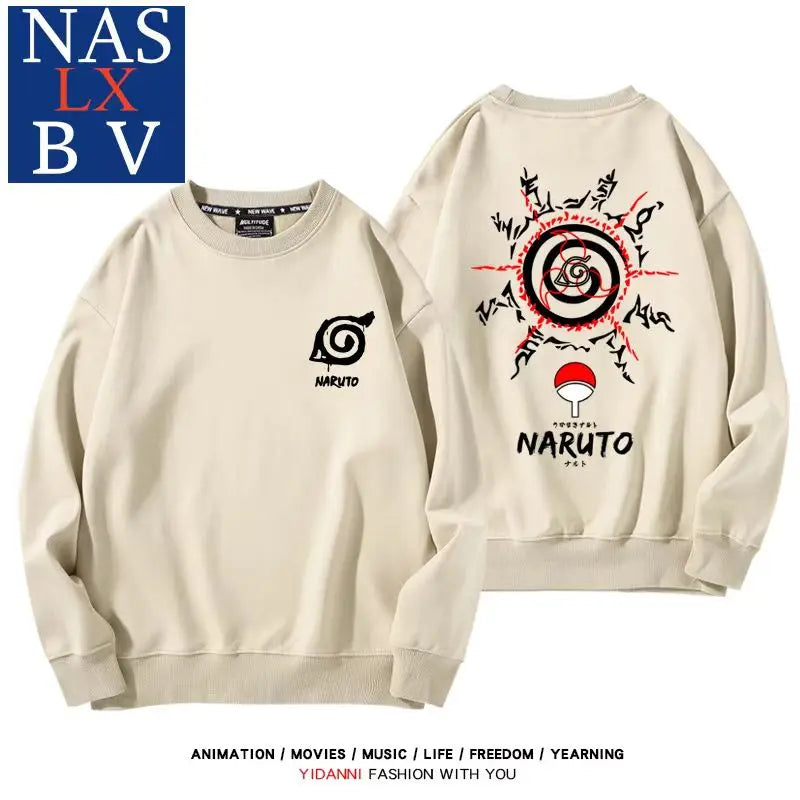 Naruto Naruto Sasuke Konoha Uchiha round neck hoodie for male and female students, loose long sleeved clothes for teenagers