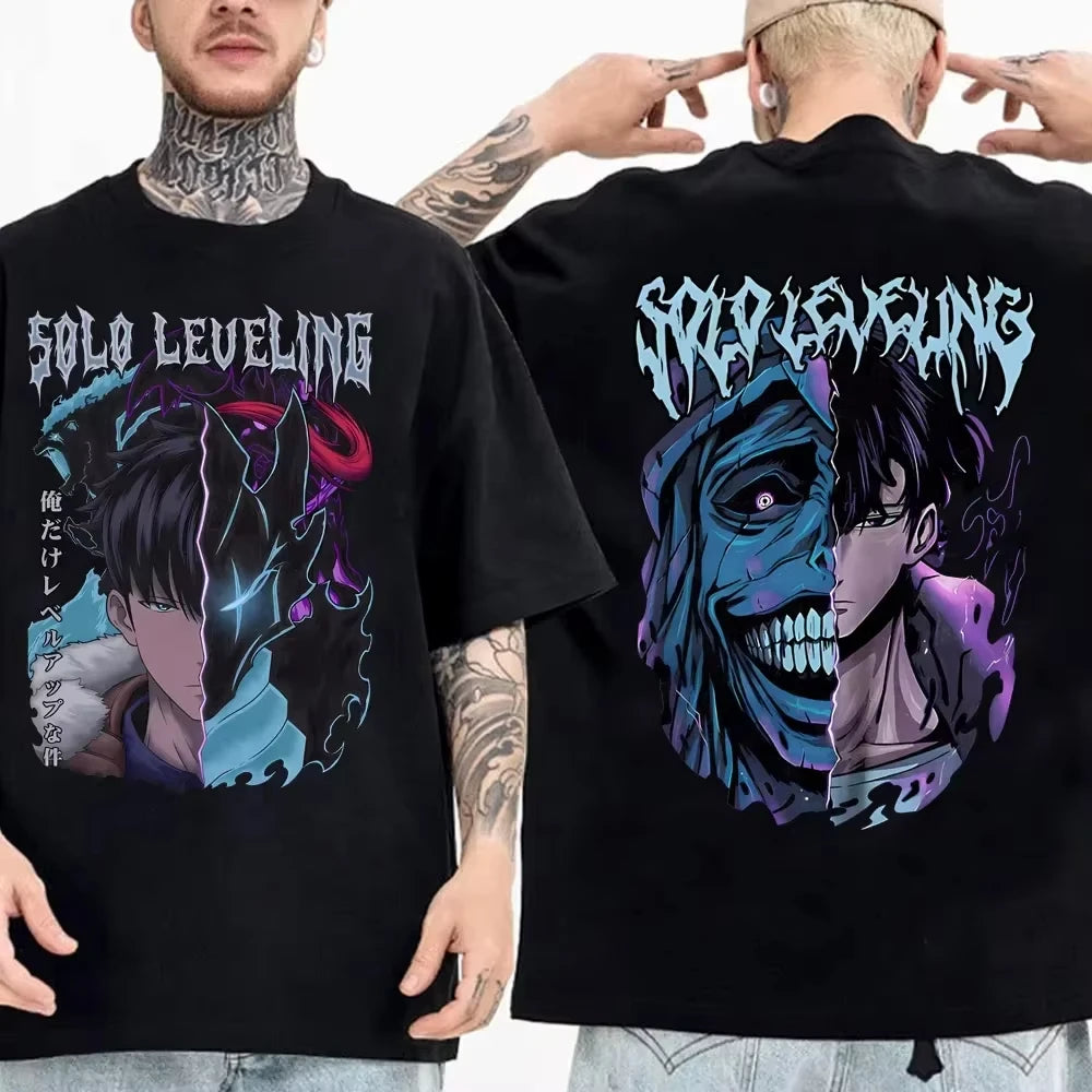 Solo Leveling anime Men's 100%clothing T-shirt Cotton retro Japanese O-neck short-sleeved Hipster Fashionable Oversized Y2K shir