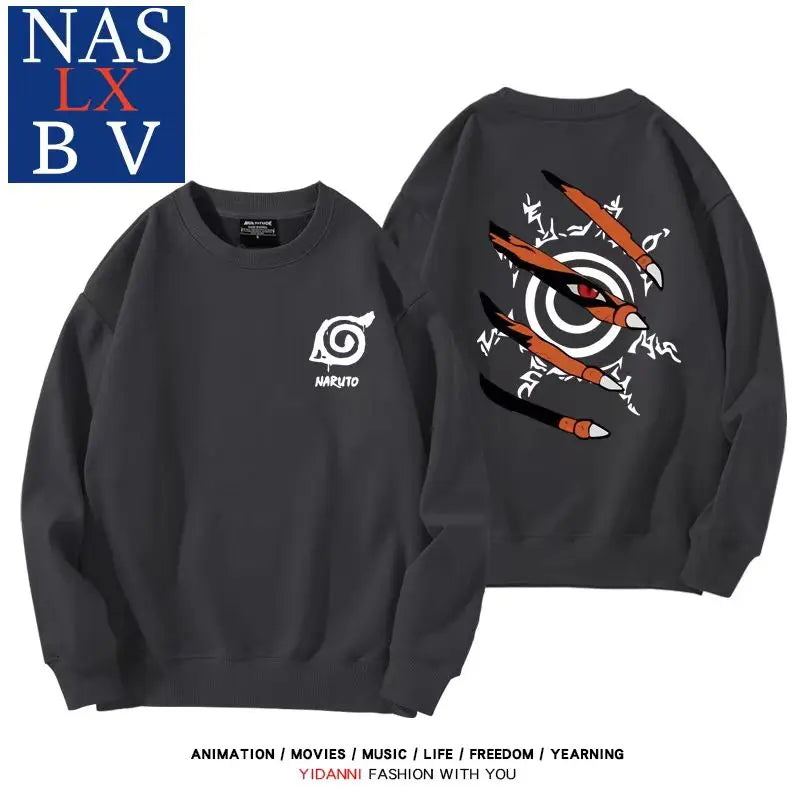 Naruto Naruto Sasuke Konoha Uchiha round neck hoodie for male and female students, loose long sleeved clothes for teenagers