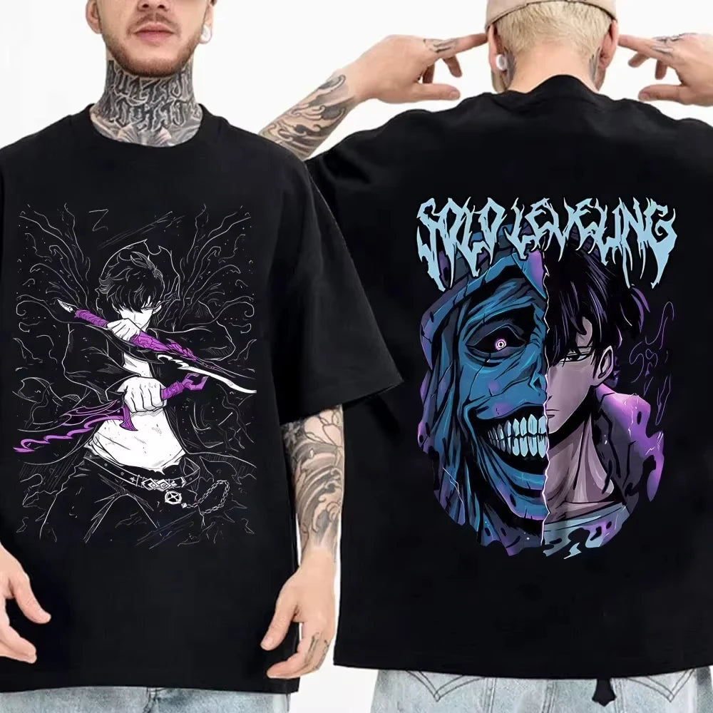 Solo Leveling anime Men's 100%clothing T-shirt Cotton retro Japanese O-neck short-sleeved Hipster Fashionable Oversized Y2K shir