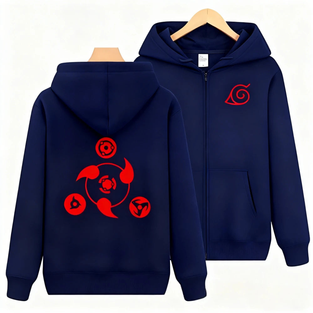 New Naruto Sharingan Printed Zipper Hoodie Men's Casual Sweatshirt Top Open Fleece Jacket Street Wear Comfortable Loose Shirt