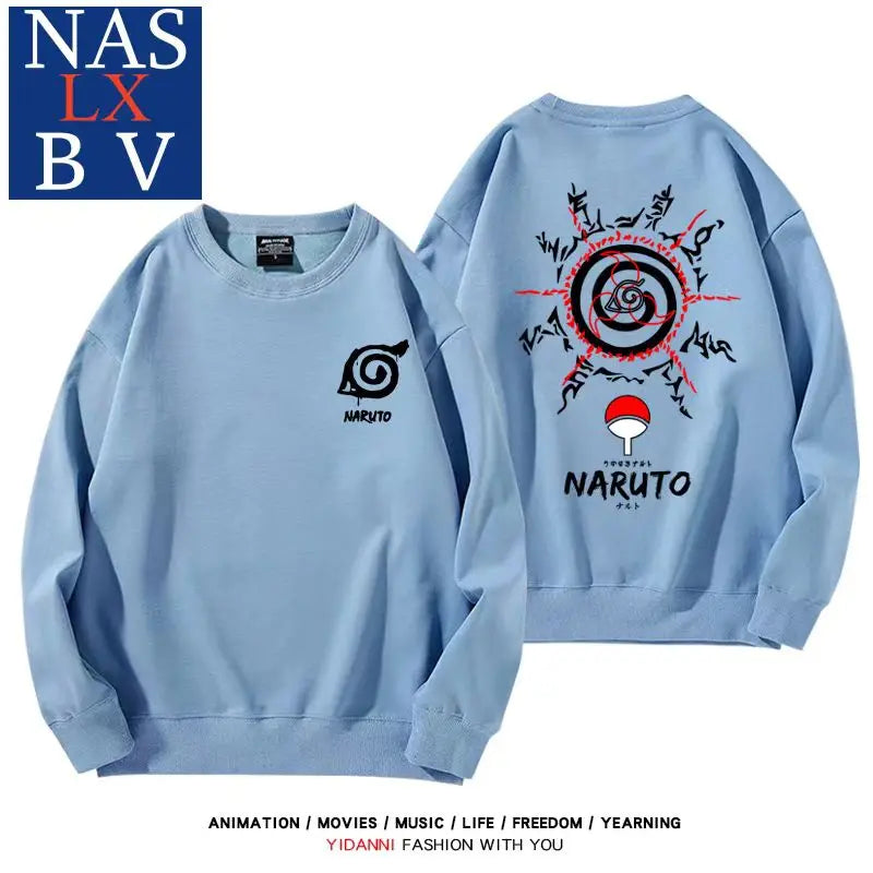 Naruto Naruto Sasuke Konoha Uchiha round neck hoodie for male and female students, loose long sleeved clothes for teenagers