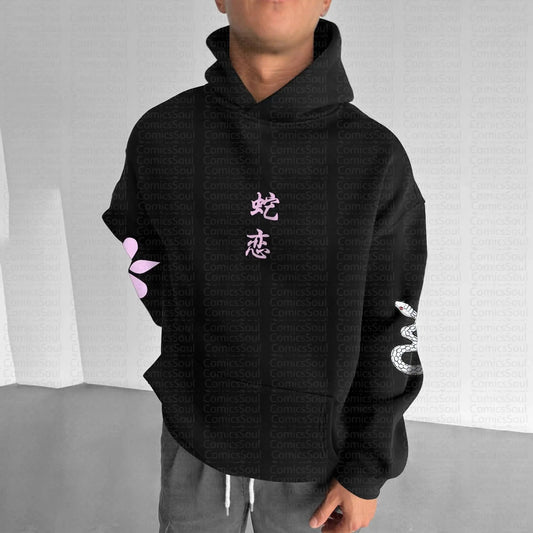 Demon Slayer Kimetsu No Yaiba Hoodie Set Black Zip Up with Iguro Obanai and Kanroji Mitsuri Characters Snake and Heart Print