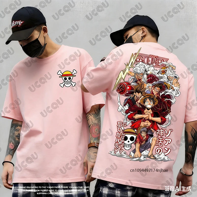 2026 Hot Sale One Piece Anime Luffy Gear 5 Cartoon Graphic Men's Cotton T-shirt Summer Sports Tees Casual Oversized Unisex Tops