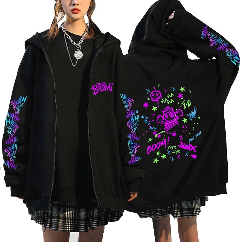 Arcane Jinx Hoodies Monkey Graffiti Zipper Jacket Harajuku Anime Arcane Boom Oversized Unisex Hip Hop Sweatshirt Casual Y2K Tops