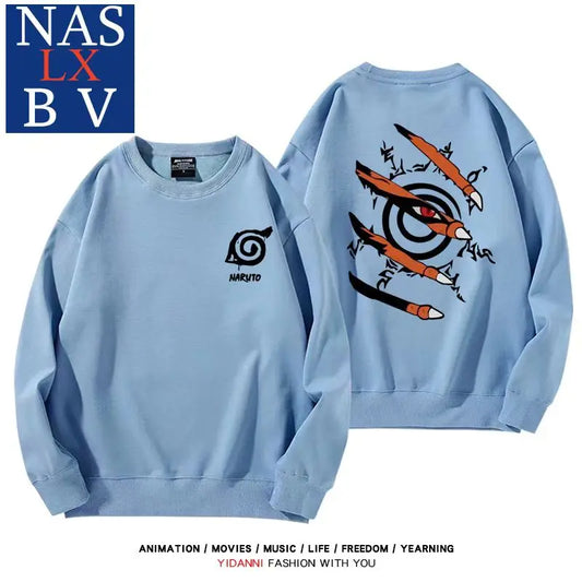 Naruto Naruto Sasuke Konoha Uchiha round neck hoodie for male and female students, loose long sleeved clothes for teenagers