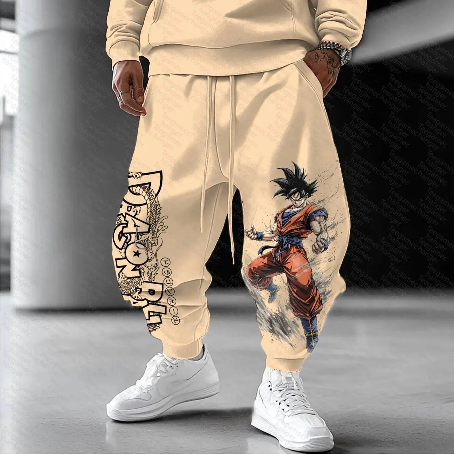 DRAGON BALL Goku Khaki Hoodie Men Women Anime Character Print Pullover with Japanese Kanji Sleeve Design and Chest Logo Casual