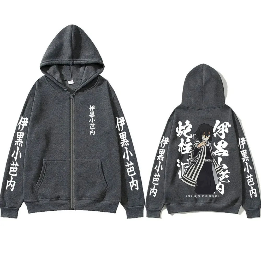 Demon Slayer Serpent Hashira Iguro Obanai Zipper Hoodie Men Women Clothing Casual Long Sleeve Oversized Zip Up Jacket Coat