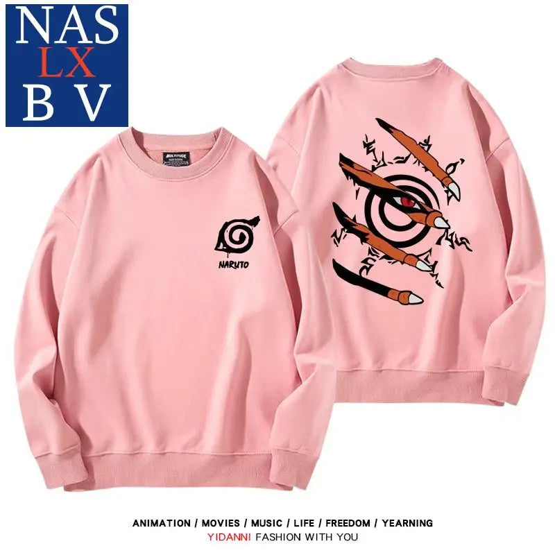 Naruto Naruto Sasuke Konoha Uchiha round neck hoodie for male and female students, loose long sleeved clothes for teenagers