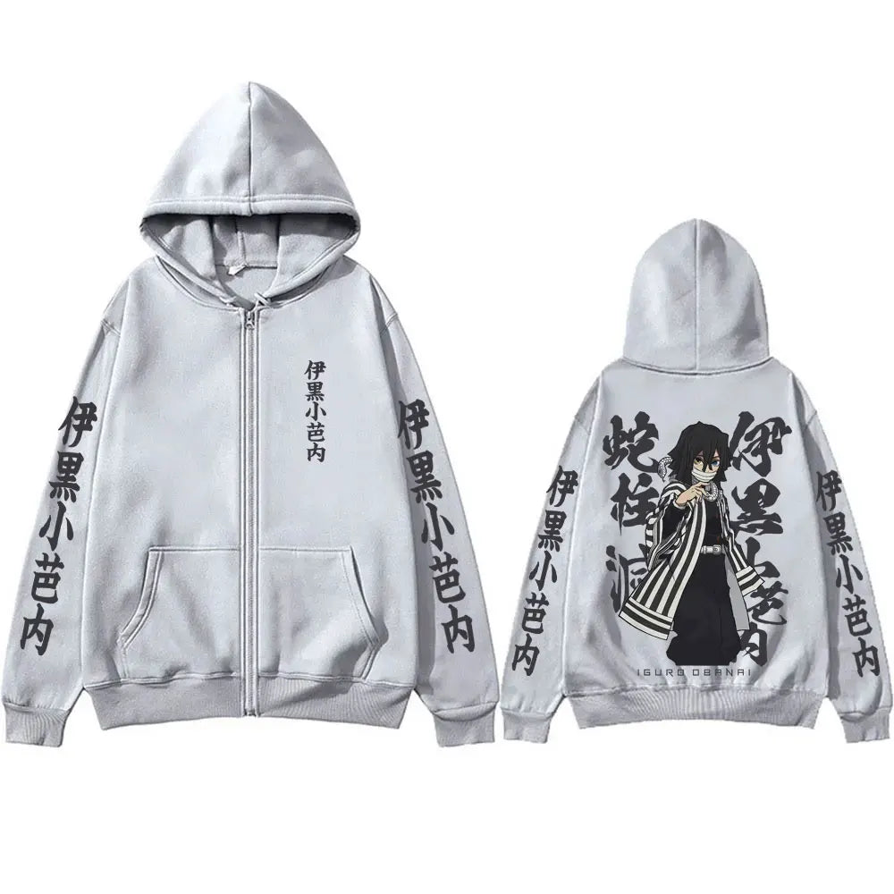 Demon Slayer Serpent Hashira Iguro Obanai Zipper Hoodie Men Women Clothing Casual Long Sleeve Oversized Zip Up Jacket Coat
