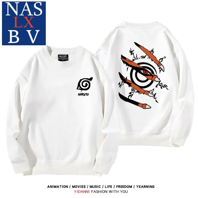 Naruto Naruto Sasuke Konoha Uchiha round neck hoodie for male and female students, loose long sleeved clothes for teenagers