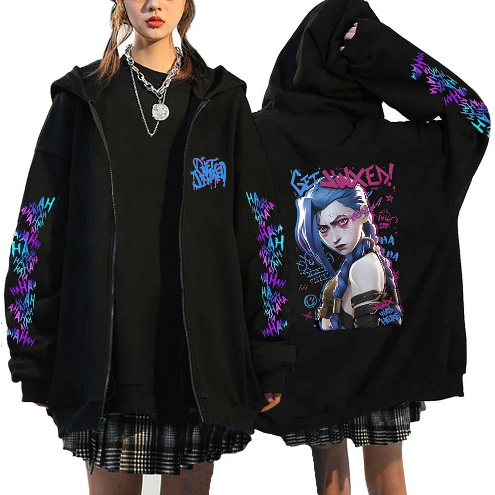 Arcane Jinx Hoodies Monkey Graffiti Zipper Jacket Harajuku Anime Arcane Boom Oversized Unisex Hip Hop Sweatshirt Casual Y2K Tops