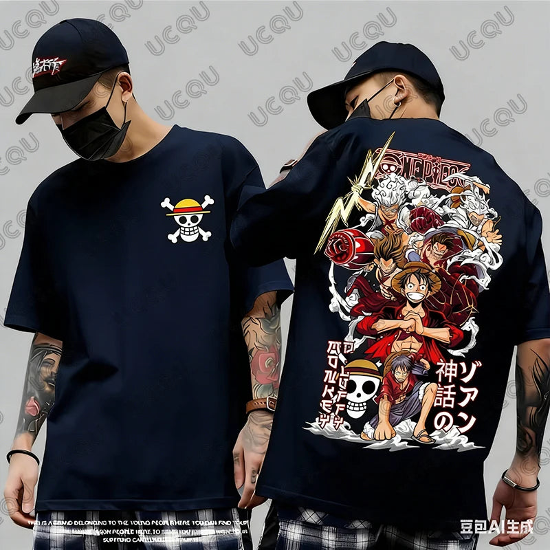 2026 Hot Sale One Piece Anime Luffy Gear 5 Cartoon Graphic Men's Cotton T-shirt Summer Sports Tees Casual Oversized Unisex Tops