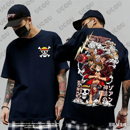2026 Hot Sale One Piece Anime Luffy Gear 5 Cartoon Graphic Men's Cotton T-shirt Summer Sports Tees Casual Oversized Unisex Tops