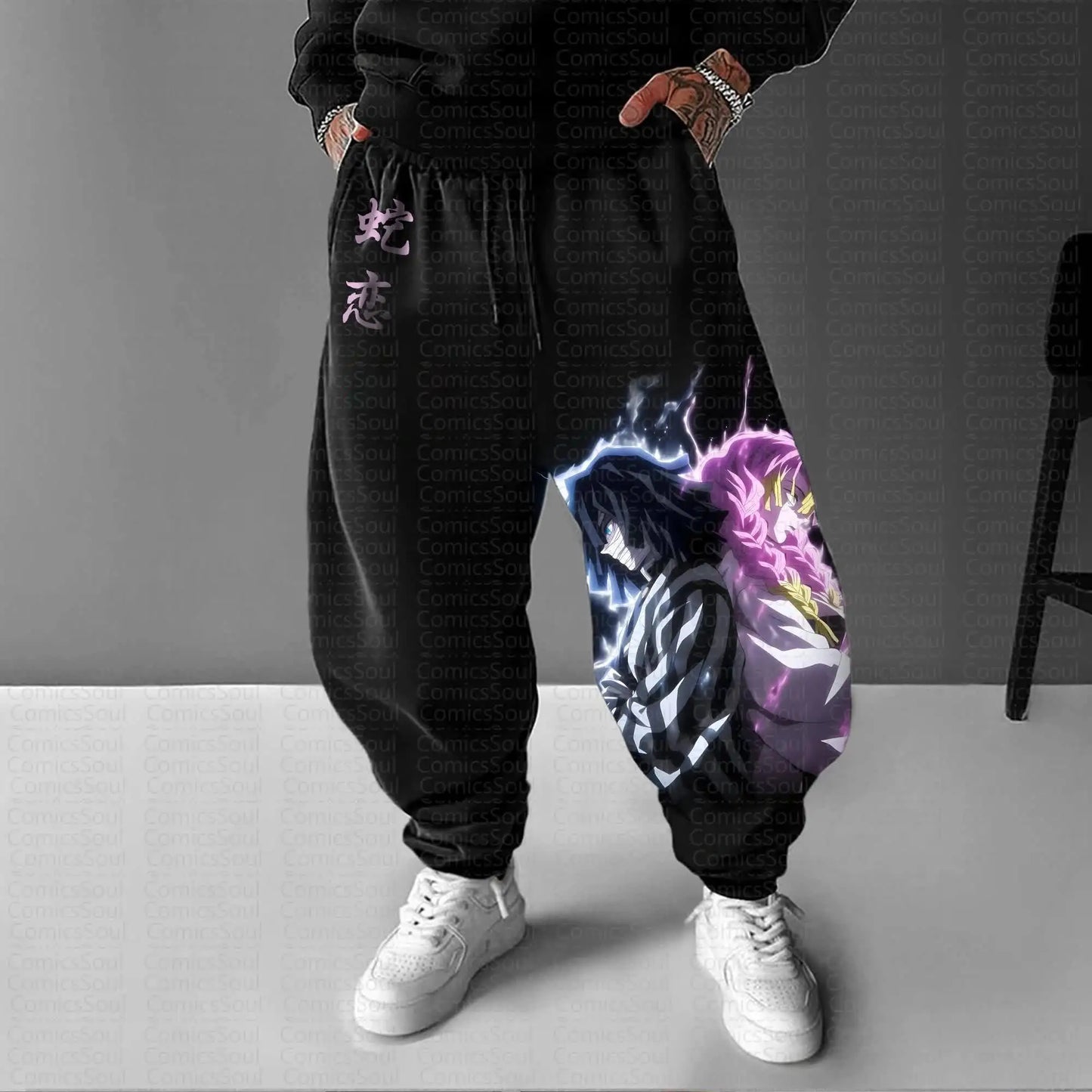 Demon Slayer Kimetsu No Yaiba Hoodie Set Black Zip Up with Iguro Obanai and Kanroji Mitsuri Characters Snake and Heart Print